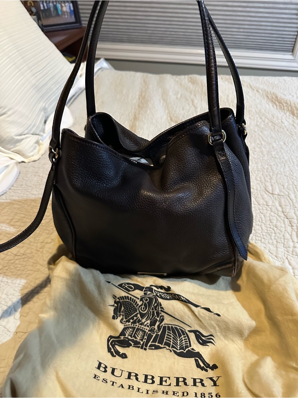 Burberry Dark Brown Pebbled Leather Shoulder Bag with Gold-Tone Hardware